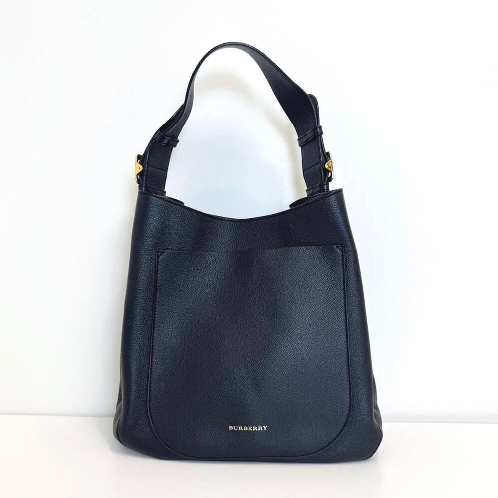 BURBERRY Elmstone Black Leather Hobo Tote Bag Buckle Strap Nova Check Lining
